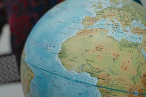 Close-up of a globe showing Africa and Europe, ideal for educational content.